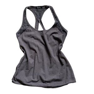 Sam and Max S/M BOHO Tank Top Crochet Lace Accents Gingham Print Gray 166B